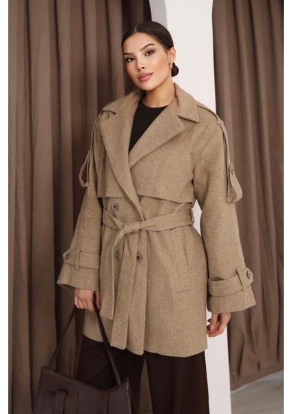 Kadın Vizon Kruvaze Oversize Kuşaklı Kaşe Kaban modelleri