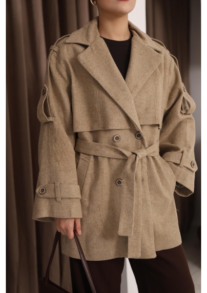 Kadın Vizon Kruvaze Oversize Kuşaklı Kaşe Kaban fırsatları