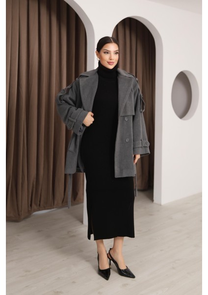 Kadın Gri Kruvaze Oversize Kuşaklı Kaşe Kaban fiyatları