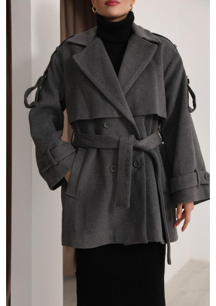 Kadın Gri Kruvaze Oversize Kuşaklı Kaşe Kaban fırsatları