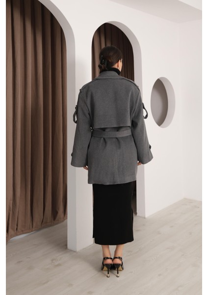 Kadın Gri Kruvaze Oversize Kuşaklı Kaşe Kaban indirimleri