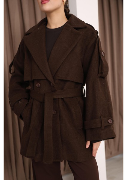 Kadın Kahverengi Kruvaze Oversize Kuşaklı Kaşe Kaban indirimleri