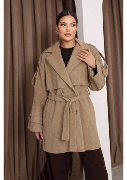 Kadın Vizon Kruvaze Oversize Kuşaklı Kaşe Kaban indirimleri