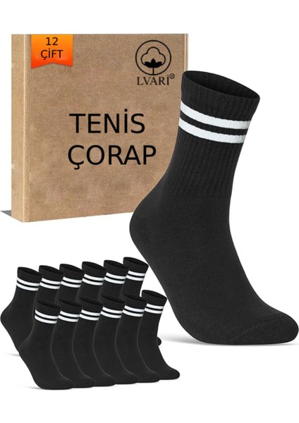 Unisex 12 Çift Pamuklu Çemberli Siyah Spor Çorabı Tenis Model