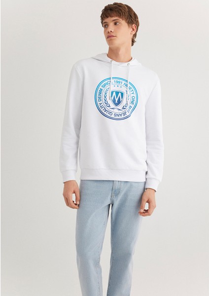 Mühür Logo Baskılı Kapüşonlu Beyaz Sweatshirt 0611721-620