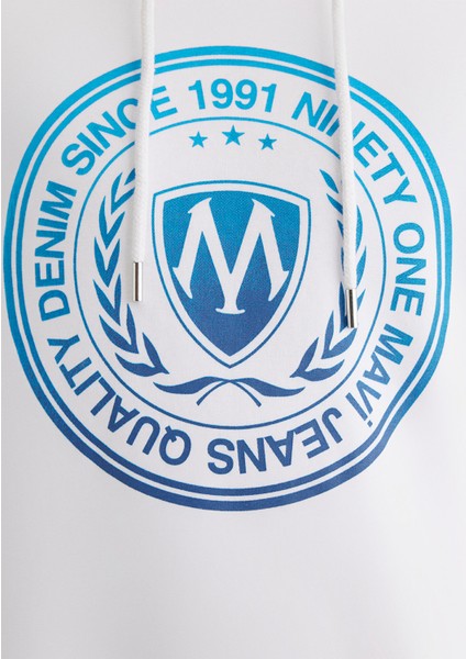 Mühür Logo Baskılı Kapüşonlu Beyaz Sweatshirt 0611721-620