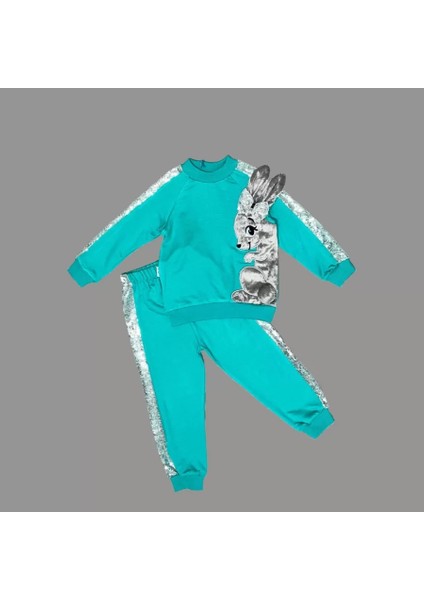 1-2-3 Yaş Payetli Pelüş Tavşan Desenli Likra Penye Kumaş Sweat Pantolonlu Kız 2li Çocuk Takımı Mint Yeşili