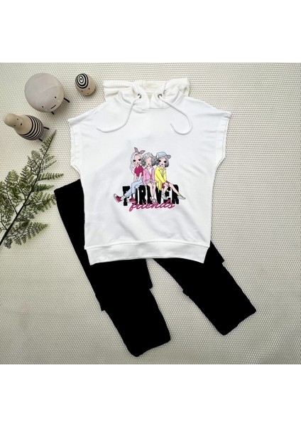 3-4-5 Yaş Forever Cici Kızlar Baskılı Kapşonlu 2li Kız Çocuk Takımı Siyah