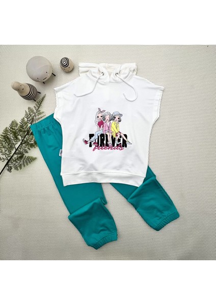 3-4-5 Yaş Forever Cici Kızlar Baskılı Kapşonlu 2li Kız Çocuk Takımı Turkuaz