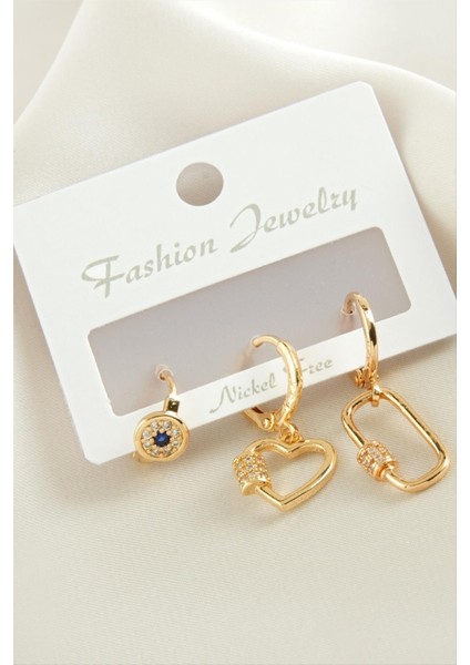 3 Adet Kalp Zirkon Taşlı Küpe modelleri