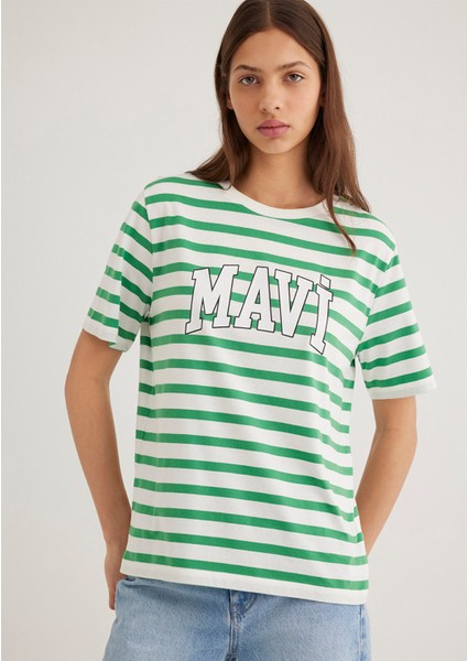 Mavi Logo Baskılı Yeşil Çizgili Tişört 1611360-84477