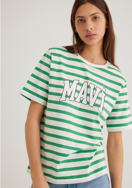 Mavi Logo Baskılı Yeşil Çizgili Tişört 1611360-84477