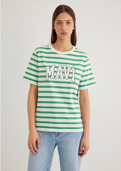 Mavi Logo Baskılı Yeşil Çizgili Tişört 1611360-84477