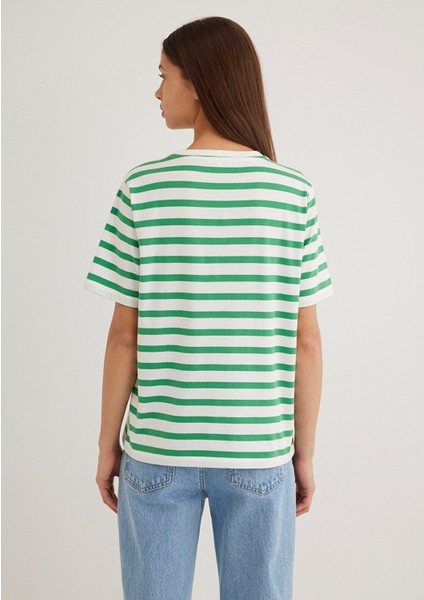 Mavi Logo Baskılı Yeşil Çizgili Tişört 1611360-84477