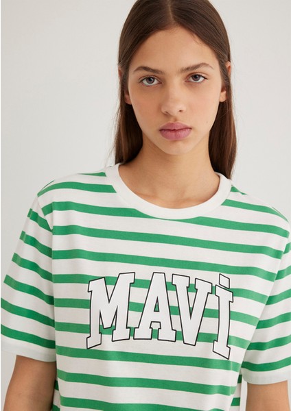 Mavi Logo Baskılı Yeşil Çizgili Tişört 1611360-84477
