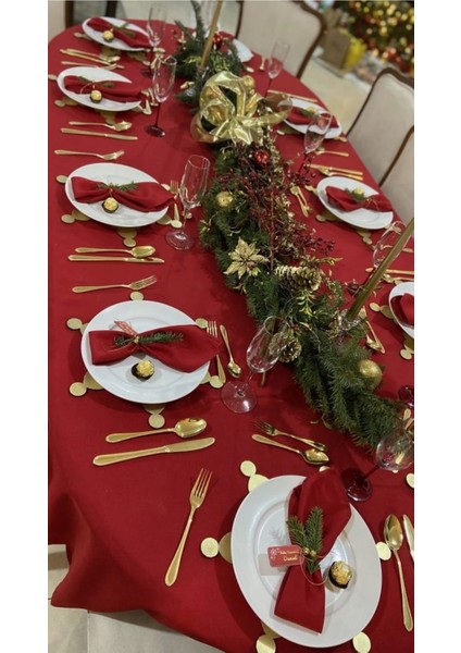 Kadife Dokulu Yuvarlak Masa Örtüsü Kırmızı 210X150 cm