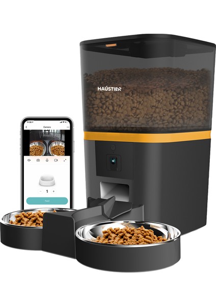 QQ005-Dual Kameralı Akıllı Otomatik Kedi Mama Kabı, App Uzaktan Kontrol, Sesle Çağırma, 480P Kamera, 6lt Hazne, Çift Metal Kase