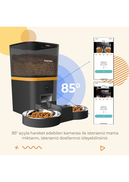 QQ005-Dual Kameralı Akıllı Otomatik Kedi Mama Kabı, App Uzaktan Kontrol, Sesle Çağırma, 480P Kamera, 6lt Hazne, Çift Metal Kase