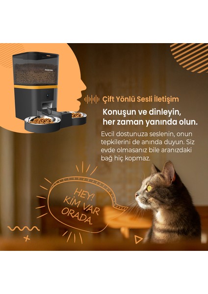QQ005-Dual Kameralı Akıllı Otomatik Kedi Mama Kabı, App Uzaktan Kontrol, Sesle Çağırma, 480P Kamera, 6lt Hazne, Çift Metal Kase