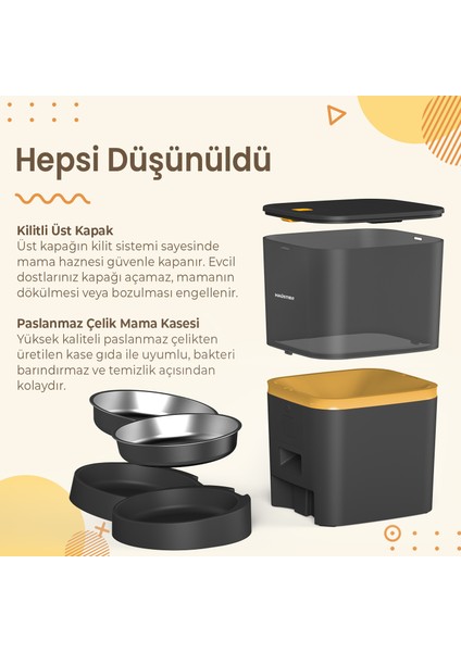 QQ005-Dual Kameralı Akıllı Otomatik Kedi Mama Kabı, App Uzaktan Kontrol, Sesle Çağırma, 480P Kamera, 6lt Hazne, Çift Metal Kase