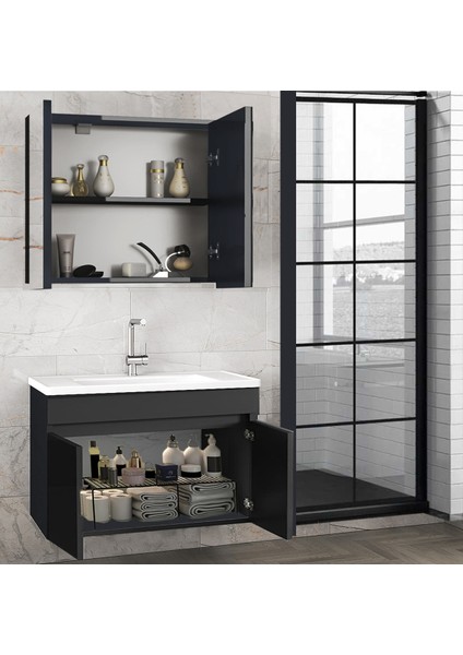 Viola1 Siyah 80 cm Ayna Dolaplı Seramik Lavabolu Mdf Banyo Dolabı Seti--Hazır Kurulu-- fiyatları