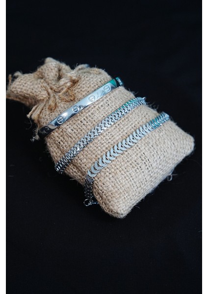 Kombin Bileklik Gümüş Kılçık Tırtıl ve Düz Cırt Model 3 Adet Birden