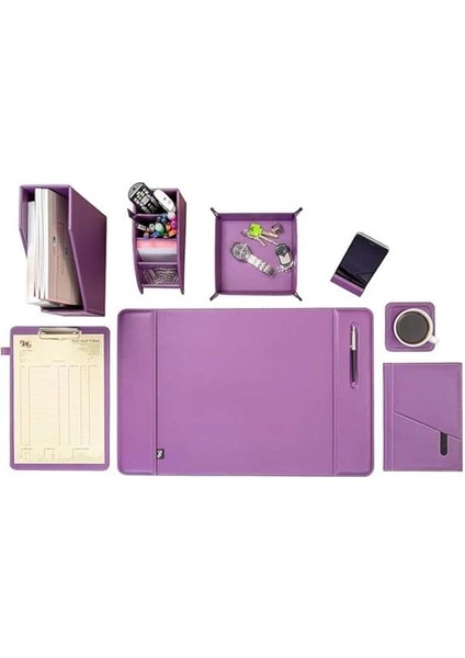 Sümen Takımı Masaüstü Suni Deri Hediyelik Set 8 Parça Lila