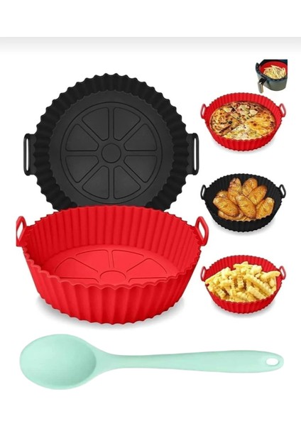 2'li Yuvarlak Airfrey Kabı ve Silikon Isıy Dayanıklı Kaşık 20CM