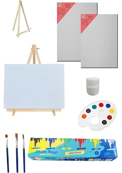 Resim - Boya Seti - Mini Masa Şövalesi, 2 Adet Tuval, Resim Verniği