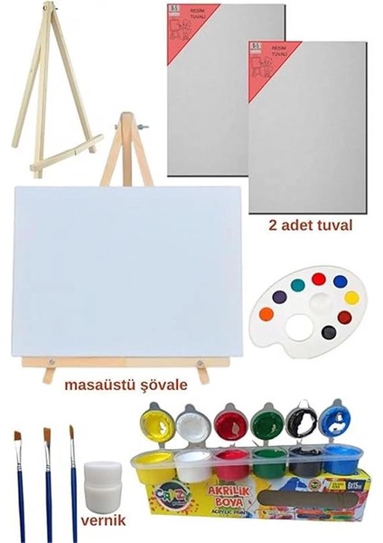 Resim - Boya Seti - Mini Masa Şövalesi, 2 Adet Tuval, Resim Verniği fiyatları