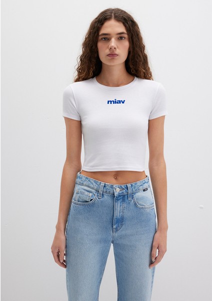 Miav Baskılı Beyaz Crop Tişört 1612453-620