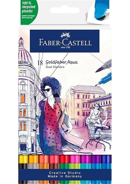 Faber-Castell Goldfaber Aqua Çift Uç Markör 18’li, Yüksek Pigmentli, Kalıcı ve Canlı Renkler, Fırça