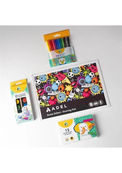4’lü Boyama Seti + Resim Defteri 25X35, 12 Renk, Keçeli Kalem, Kuru,pastel ve Sulu Boya, Fırça