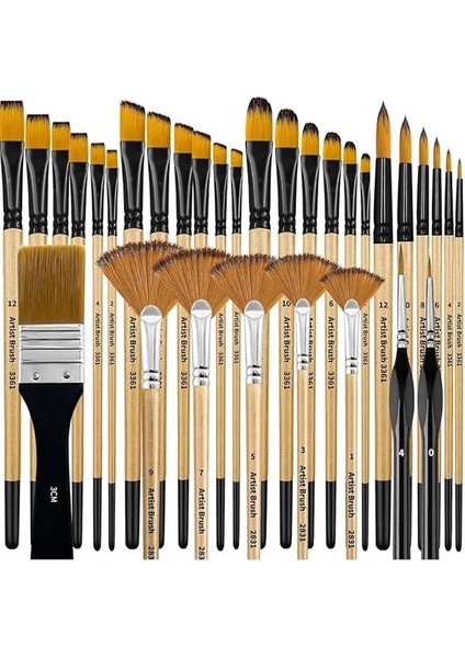32 Parça Farklı Fırça Uçlarına Sahip Guaj Akrilik Sulu ve Yağlı Boyaya Uygun Fırça Seti