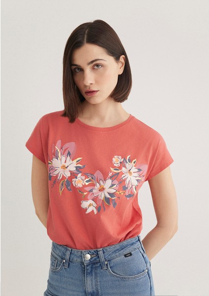 Çiçek Baskılı Pembe Tişört 1612618-71102