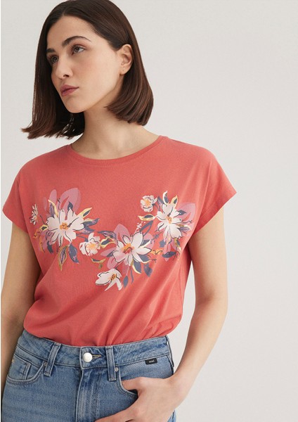 Çiçek Baskılı Pembe Tişört 1612618-71102