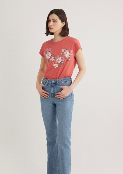 Çiçek Baskılı Pembe Tişört 1612618-71102