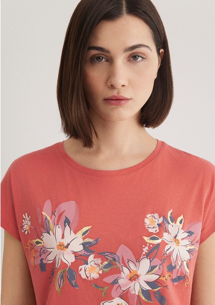 Çiçek Baskılı Pembe Tişört 1612618-71102