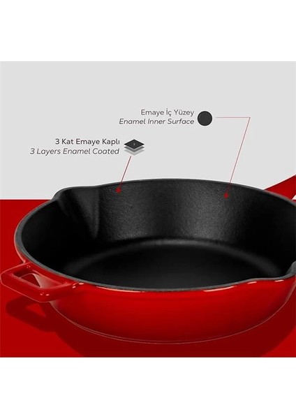 Döküm Yuvarlak Kızartma Tavası Döküm Demir Yekpare Saplı. ÇAP(Ø)24CM - Kırmızı
