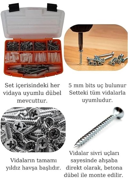 Netzerkoz All Essential Fasteners 320PARÇA 12 Çeşit Vida Seti, Dübelli Sunta Vidası Seti,matkap Ucu