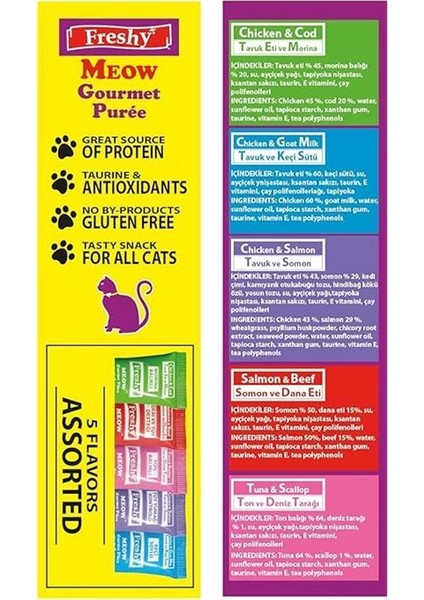 Meow Gourmet 5 Çeşit Karma Paket - Gurme Püre Kedi Ödül Maması - 25'li Paket - Toplam 300 Gram modelleri