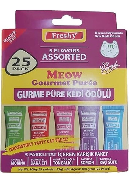 Meow Gourmet 5 Çeşit Karma Paket - Gurme Püre Kedi Ödül Maması - 25'li Paket - Toplam 300 Gram indirimleri