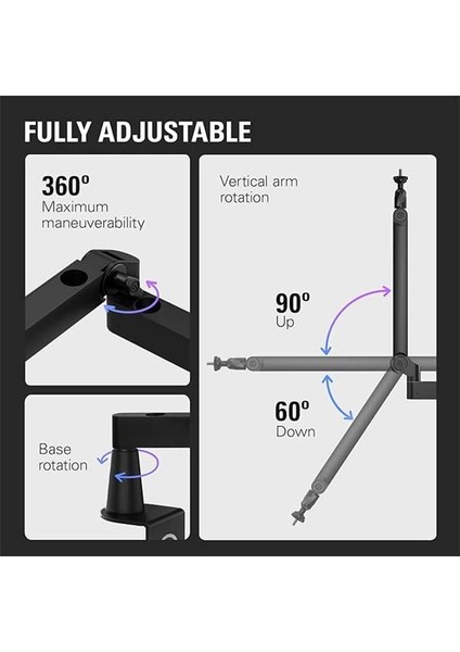 Wave Düşük Profil Mikrofon Taşıyıcı Kol, 360 Derece Yatay & 90 Derece Diker Ayarlama, Kablo fırsatları