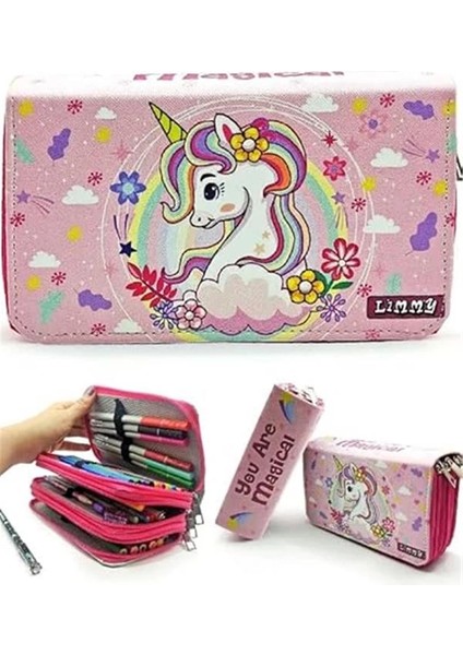 Kalem Kutusu Unicorn Bahar Temalı Kawai Organizer Kalemkutu Vegan Deri Üç Bölmeli Kalemlik-