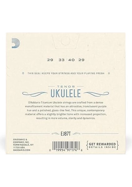 D'addario EJ87T Ukulele Tel Seti, Tenor, Titanium, Warm Bright