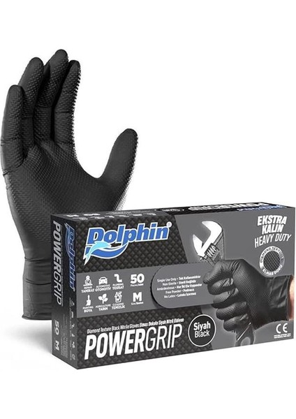 Dolphin Powergrip Ekstra Kalın Siyah Nitril Eldiven Elmas Dokulu M 50 Adet