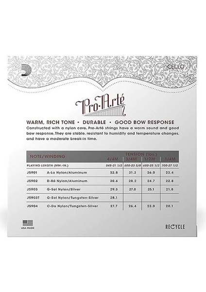 D'addario J59 4/4m Cello Tel Seti, Pro-Arte, Scale 4/4, Medium Tensio