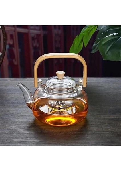 Bambu Saplı Isıya Dayanıklı Borosilikat Cam Süzgeçli Demlik 1000ML, Isıya Dayanıklı Cam