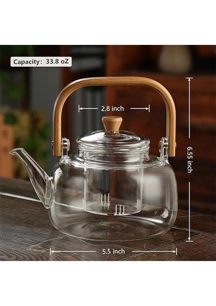 Bambu Saplı Isıya Dayanıklı Borosilikat Cam Süzgeçli Demlik 1000ML, Isıya Dayanıklı Cam indirimleri