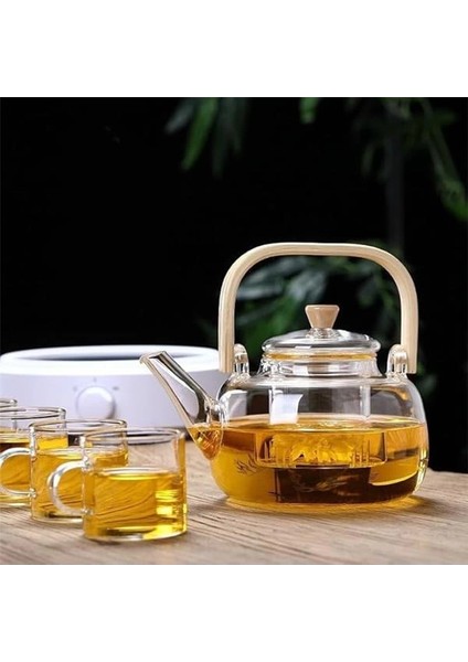 Bambu Saplı Isıya Dayanıklı Borosilikat Cam Süzgeçli Demlik 1000ML, Isıya Dayanıklı Cam